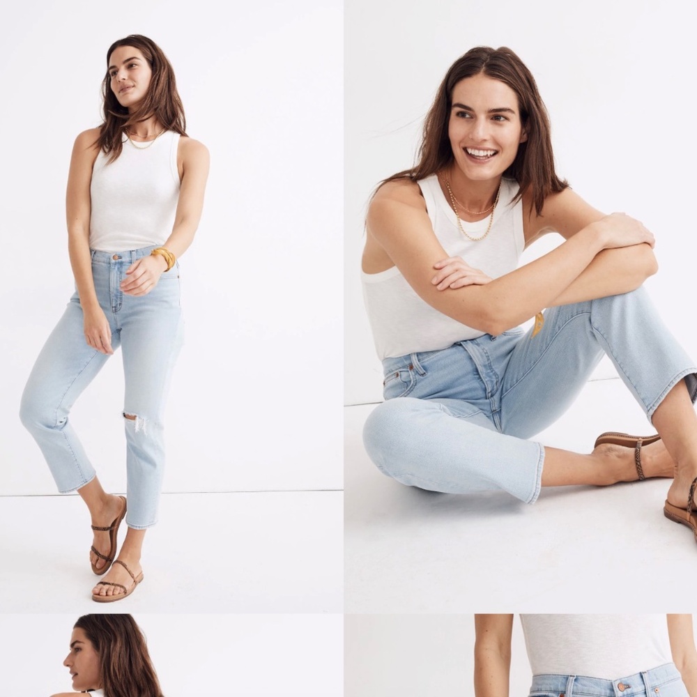 Mid-Rise Classic Straight Jeans in Wellingford Wash: Knee-Rip Edition